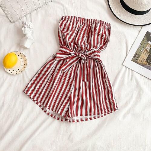 Summer jumpsuit European and American style retro striped jumpsuit sexy tube top waist belt wide-leg shorts jumpsuit skirt girl
