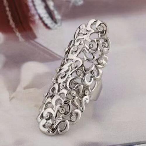 Milangirl Popular Retro Exaggerate Hollow Out Crystal Gold Color Big Knuckle Rings for Women Jewelry Gifts Long Wedding Rings