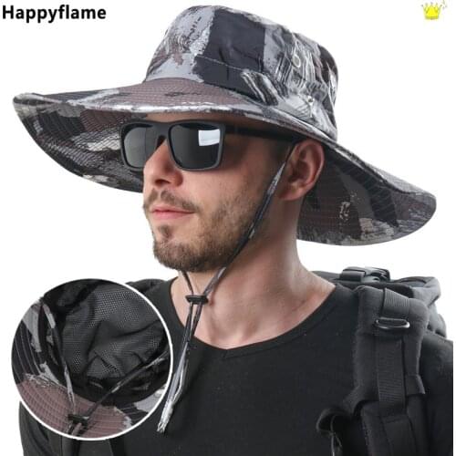 New 100% Waterproof Polyester Camouflage UV Protection Sun Hats Mens 12CM Wide Brim Fisherman Hat Camping Neck Guard Bucket Hat