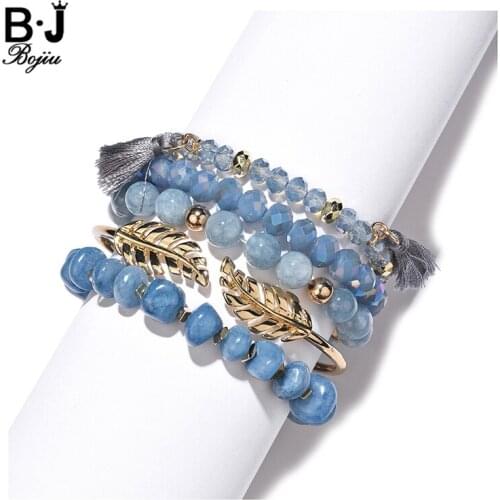 NEW Fashion Multilayer Women Bracelets & Bangles Golden Leaf Open Cuff Natural Stone Crystal Bracelet Set Lady Jewelry BCSET320