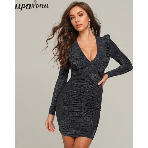 2020 New High Street Shiny Bandage Dress Sexy V-neck Ruffled Long Sleeve Draped Bodycon Dress Shine Party Club Clothes Vestidos