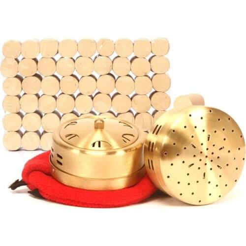 Retail moxibustion suit 2pcs new type thicken copper moxa box + 108pcs 5 years 45:1 little smoke mugwort moxa roll gift bag