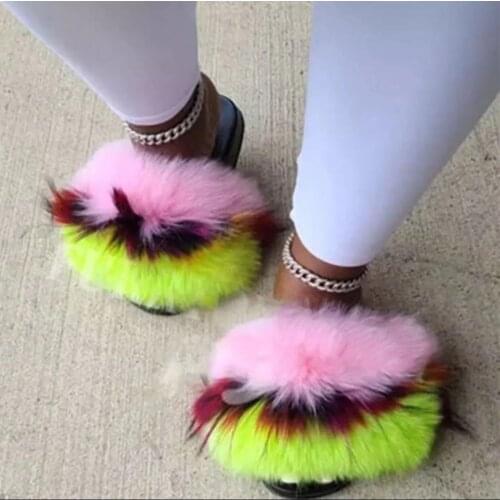2021 Wholesale Women Fox Fur Slippers Fashion House Fluffy Plush Sandals Female Casual Outdoor Flip Flops Cute Soft Furry Slides