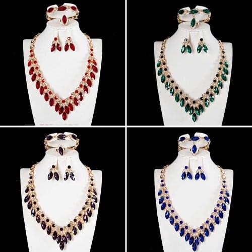 Vintage Women Rhinestone Jewelry Sets Wedding Party Crystal Statement Necklace Earrings Bracelet Ring Bridal Bib Collar African