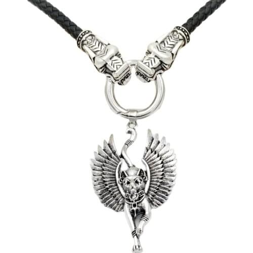 A With Angel Wings Bastet Ethnic Cat Jewelry Necklace WICCA Pagan Talisman Egyptian Sphinx Jwelry For Women Men with wolf chain
