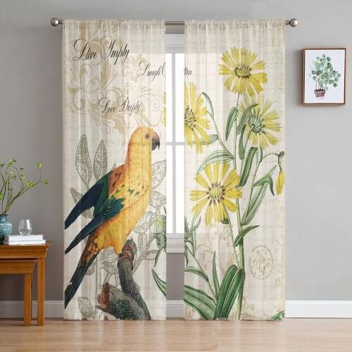 Yellow Parrot Sunflower Retro Sheer Curtains for Living Room Bedroom Kitchen Tulle for Windows Voile Drapes Home Decoration