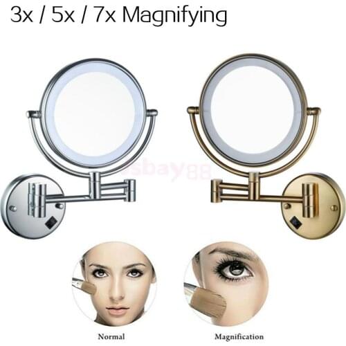 8' Bathroom Makeup Mirror with LED Light, Wall Mount 3x / 5x / 7x Magnification Vanity Mirror, Chrome/ Bronze Finish - EU Plug