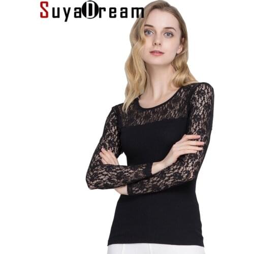 Women Lace shirt Long sleeve Sexy Lace Transparent shirt 70%Silk 30%Cotton 2018 FALL WINTER New Black White Bottoming shirt
