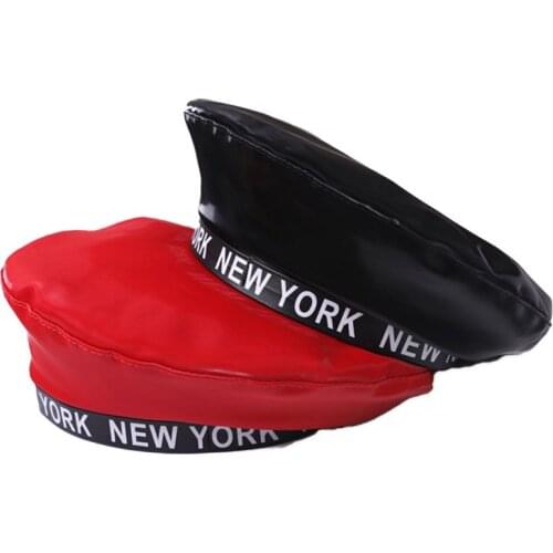 MAERSHEI elegant Women Faux Leather Berets NEW YORK letters printing Autumn Winter Solid Color PU Leather Winter Cap Female