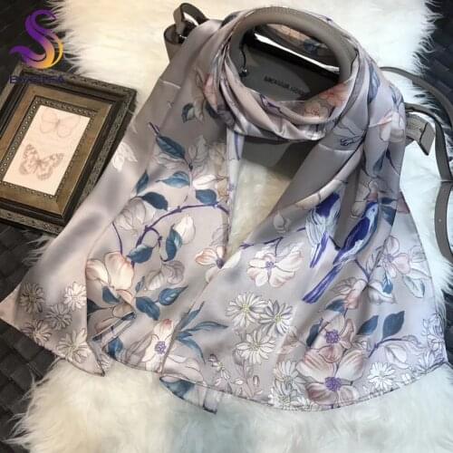 [BYSIFA] Silver Grey Natural 100% Silk Scarf Shawl Female Fashion Elegant Floral Style Long Scarves Fall Winter Scarves Wraps