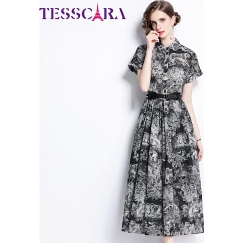 TESSCARA Women Summer Elegant Dress Shirt High Quality Long Vintage Office Party Robe Femme Runway Designer A-Line Vestidos