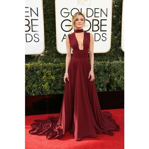 Sexy High Neck Burgundy Chiffon Long Celebrity Inspiration Dresses Mermaid Robe De Soiree Floor Length Pleated Formal Dresses
