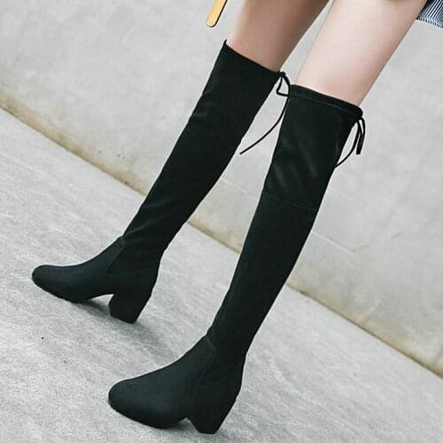 Winter Thick Heeled Over the Knee Boots Women Shoes Premium Black Suede Thigh High Sexy Women Boots Warm Boots Large Size 34-43