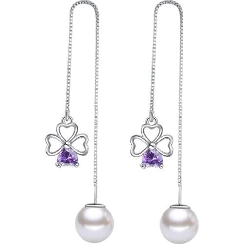 100% 925 sterling silver fashion pearl flower ladies'long drop earrings jewelry women gift wholesale drop shipping