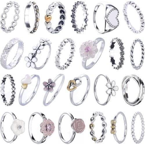 Free Shipping Lomeo 925 Silver White Daisy Flower Love Heart Hollow Bow Ring Fit for Original DIY Womens European Jewelry Gift