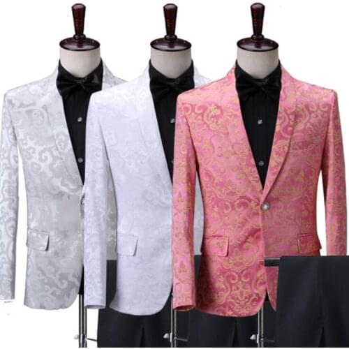 Printing blazer men groom suit set with pants mens wedding suits costume singer star style dance stage clothing formal dress