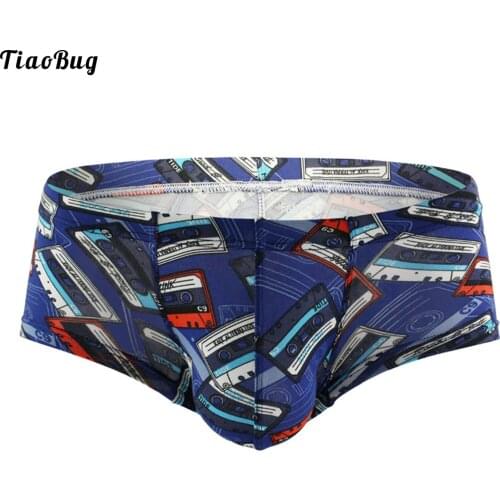 Casual Man Blue Polyester Boxers Underwear Vintage Tape Print Low Waist Elastic Waistband Bulge Pouch Briefs