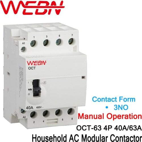 OCT-63 Series 3P 40A/63A Manual Operation AC Household Modular Contactor 220V/230V 50/60Hz Contact 3NO Din Rail Contactor
