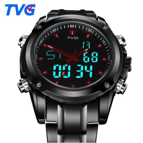 TVG Men Watches Military Sports Dual Display Quartz Watch Men Waterproof LED Digital Full Steel Wristwatch Relogio Masculino