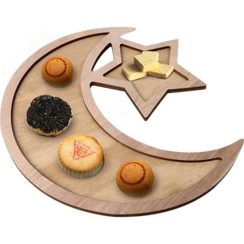 Eid Decoration Wooden Dinner Plate Home Ramadan Food Serving Tray Moon Star Eid Ramadan Home Party Dessert Decor