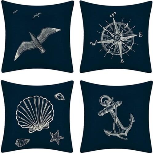 Blue Compass Anchor Pillowcase Linen Shell Fish Nautical Pillow Cover Navigation Home Decorative Mediterranean Cushion Cover
