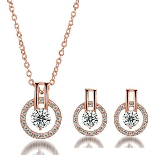 Exquisite Wholesale Necklace Set Rose Gold Color Fashion Jewelry Round AAA Grade Zircon Simple Jewelry For Lover