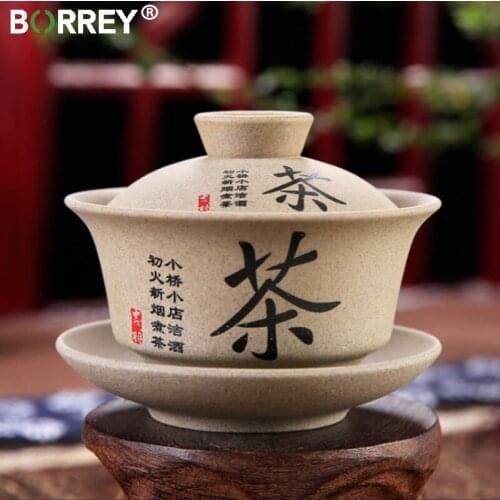 BORREY Pottery Gaiwan Chinese Kung Fu Tea Set Ceramic Tea Cup With Saucers Lotus Bamboo Gaiwan Pu'er Teapot Travel Tea Sets