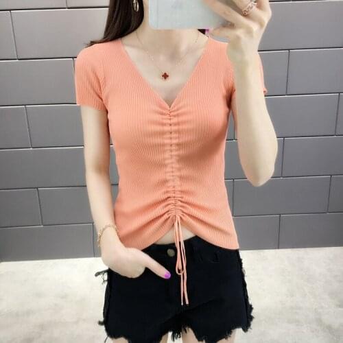 Trendy Fad Spring Summner Lace-Up V-neck Slim Sexy Short Sleeve Woolen Caridigan Women Lady Sweater