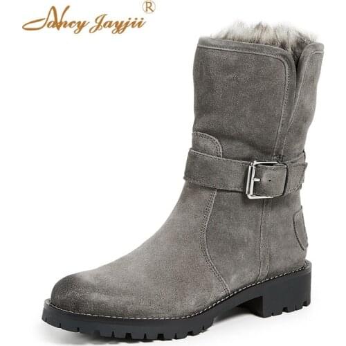 2021 Ankle Boots Grey Winter Wool Ladies Round Toe Square Heel Buckle Strap Work Leisure Concise Plush Shoes Woman Solid Basic