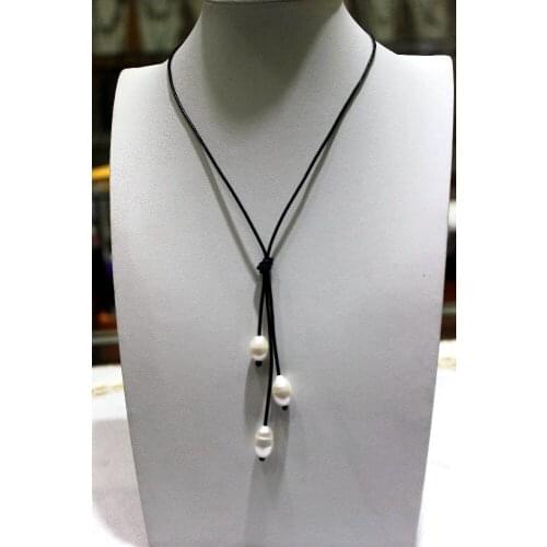 Pearl and leather freshwater pearl necklace handmade leather necklace9x12mm 18INCH