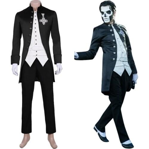 Papa Emeritus Inspired Cosplay Costume Suit Halloween Ghost B.C.Costume Band Cross Brooch