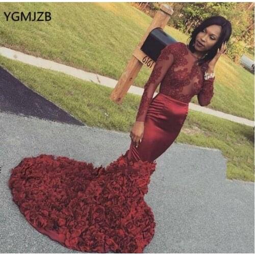 Backless Mermaid Prom Dress Burgundy Long Sleeves Flowers Lace Sexy African Black Girls Formal Evening Party Gown Robe De Soiree