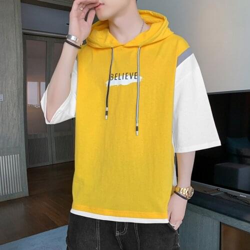 Hooded Five-Point Sleeve Short-Sleeved T-Shirt Guard Mens Clothing Loose Version T-Shirt Men 100 Pure Cotton Tide Brand Men