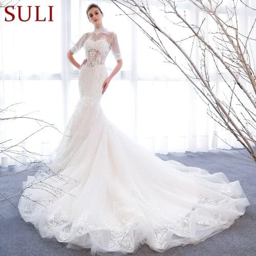 SL-153 Sexy Appliques High Neck Half Illusion Long Sleeve Mermaid Wedding Dresses 2018