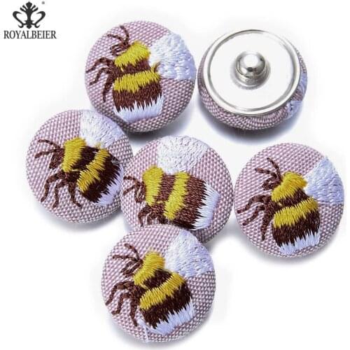 RoyalBeier Embroidery Fabric 18mm Snap Buttons 6pcs/Lot Hand Made Honeybee Pattern Snaps Fit DIY Bracelets For Charms Jewelry