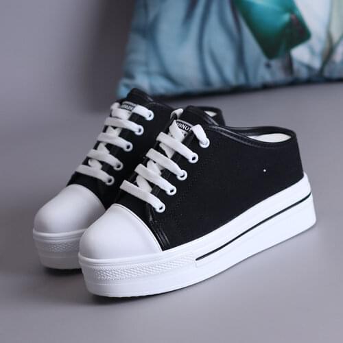 8CM Women Canvas Casual Shoes Flat Platform Wedges Shoes Women Breathable Sneakers Open Heel Backless Loafers Shoes Slippers