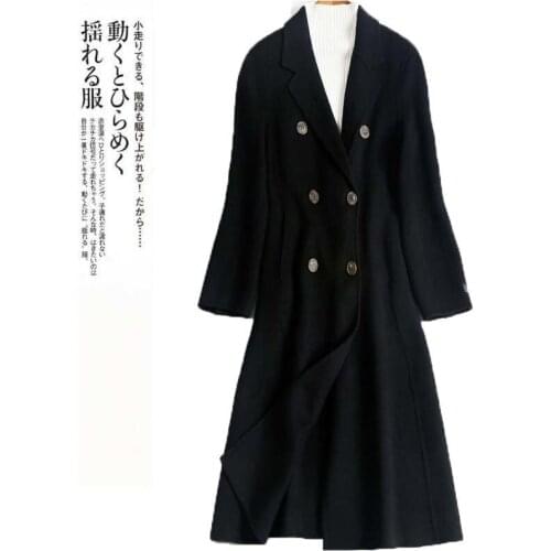 2021 high end double-sided cashmere coat womens suit collar medium long slim fit black solid wool coat