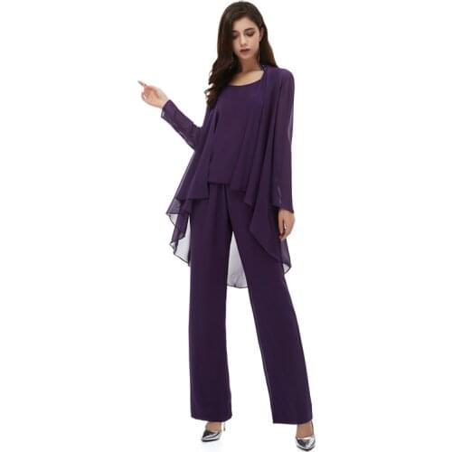 Womens 3 pieces Ruffles Chiffon Mother of The Bride Dress Purple Pants Suit with Jacket Long Sleeves Outfit for Wedding Groom