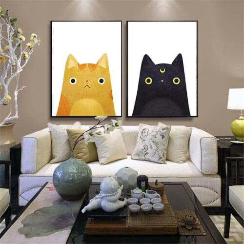 Cat Cartoon Painting Modern Lovely Black Yellow Animal House Decor Wall Art Poster Print Canvas Painting Kid Badroom Decoracion
