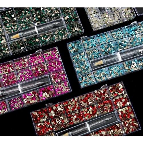 1 Pc(Over 20 Shape) Nail Art Rhinestones Box Multi-size DIY Polish Manicure For Nail 3d Rivet Crystal Glass Set(Nail Pen) #32-35