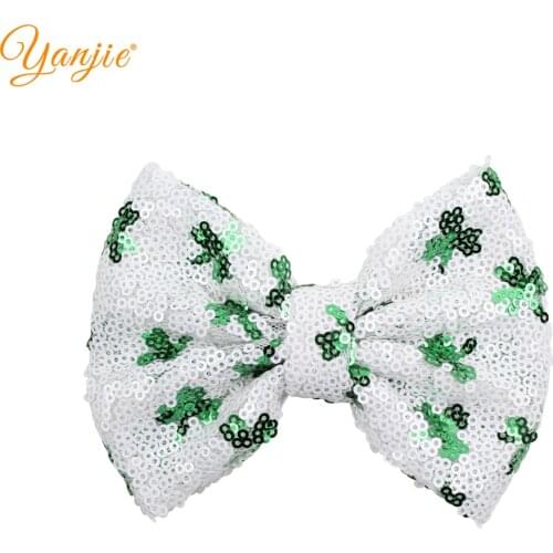 10pcs/lot 2021 New Arrival St Patricks Embroidery Sequins Green Leaf/Soccer 5" Hair Bow Barrette Girls Hair Accessories Clip