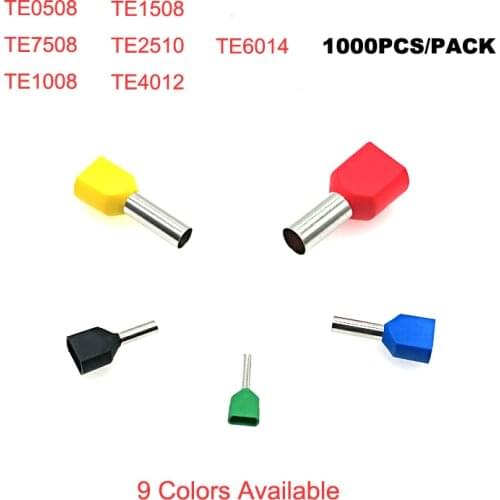 1000pcs Dual Wire Tube ferrule insulated crimp terminals TE0508~TE6014 Electric double wiring terminal connector cable 22-10AWG