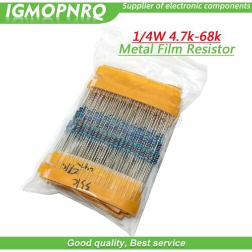 24valuesX10pcs=240pcs 1/4W 0.25W 1% 4.7k-68k Metal Film Resistor component diy kit package 4.7K 10K 15K 20K 47K 56K 68K ETC