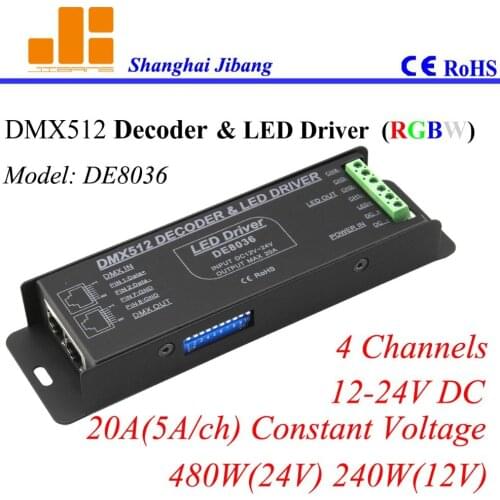 Free Shipping RGBW LED Controller, DMX Decoder & RGBW Driver, 4channels/12-24V/20A/480W pn:DE8036