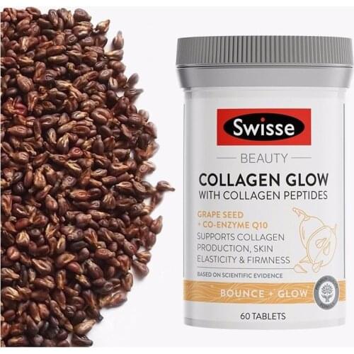 Swisse BEAUTY COLLAGEN PEPTIDES GLOW 60Tablet Q10 Grape Seed Women Health Dietary Supplement Hair Nail Skin Elasticity Firmness