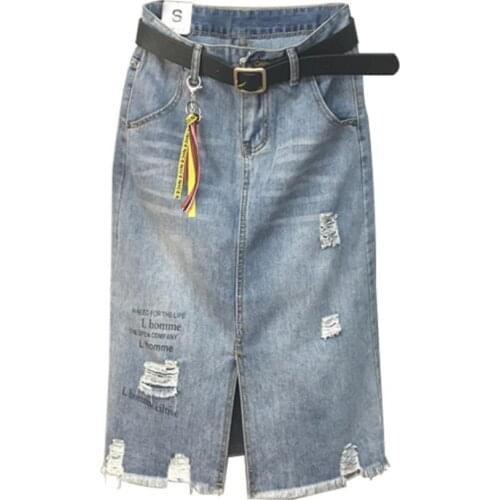 Plus size 5XL!Denim skirt fashion high waist split spring autumn hole letter jeans skirt a-line