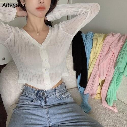 Cardigan Womens Sweater Summer Sunscreen Simple Thin Knitting V-neck Fashion Basic New Cropped All-match Korean Style Elastic