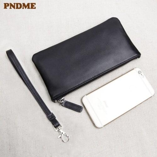 PNDME minimalist genuine leather black mens clutch wallet simple high quality luxury natural soft cowhide womens phone purse