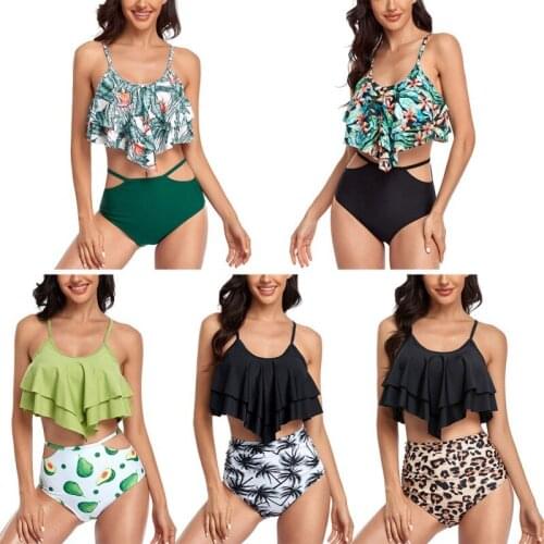 New Double Ruffle Bikinis Swimwear Women Swimsuit High Waist Bikini Two Piece Set Swimming Suit Bathing Summer Beachwear