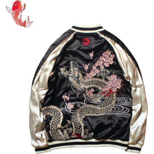 2020 New Spring Autumn Womens Cherry Dragon Embroidered Both Sides Wear Bomber Jacket Men and Women Couples Baseball Coat